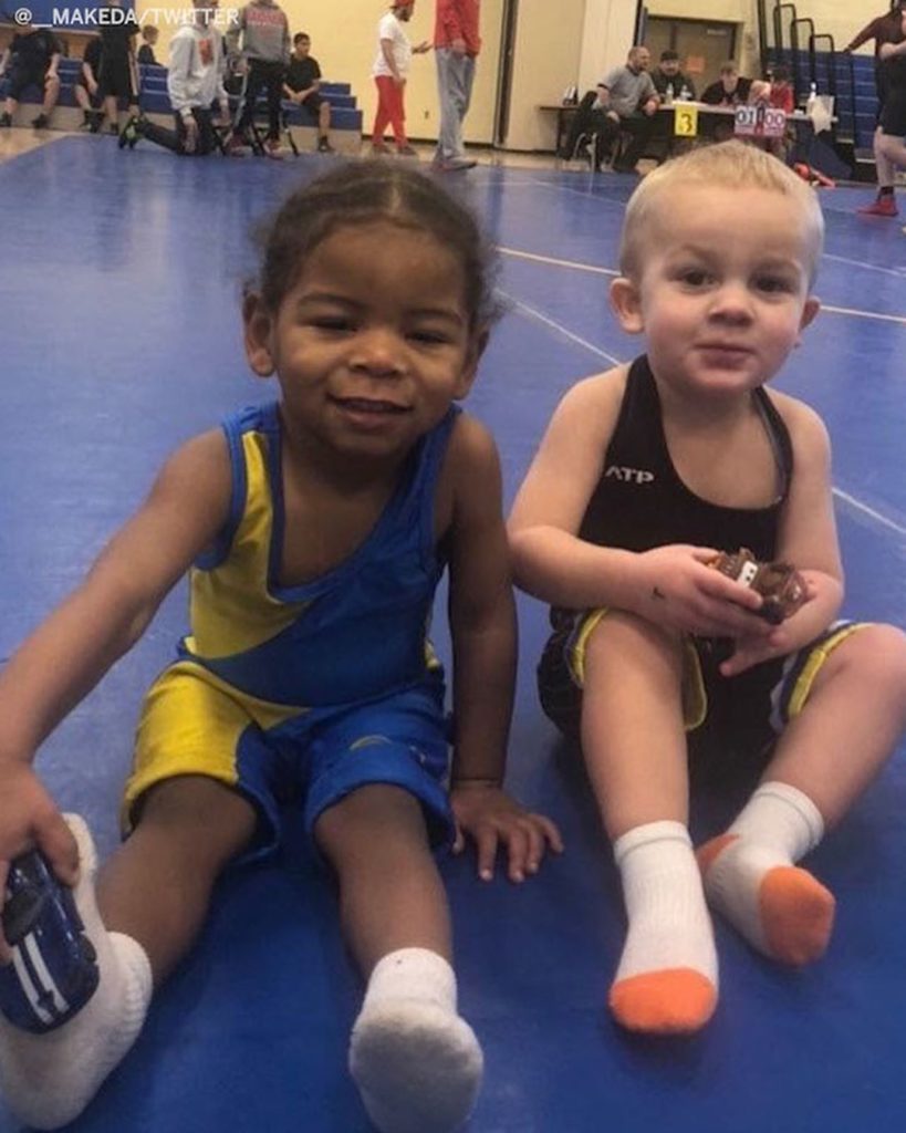 Two Little Wrestlers Give Spectators a Good Laugh as They Take the Mat for the First Time – "Come back, come back, come back."