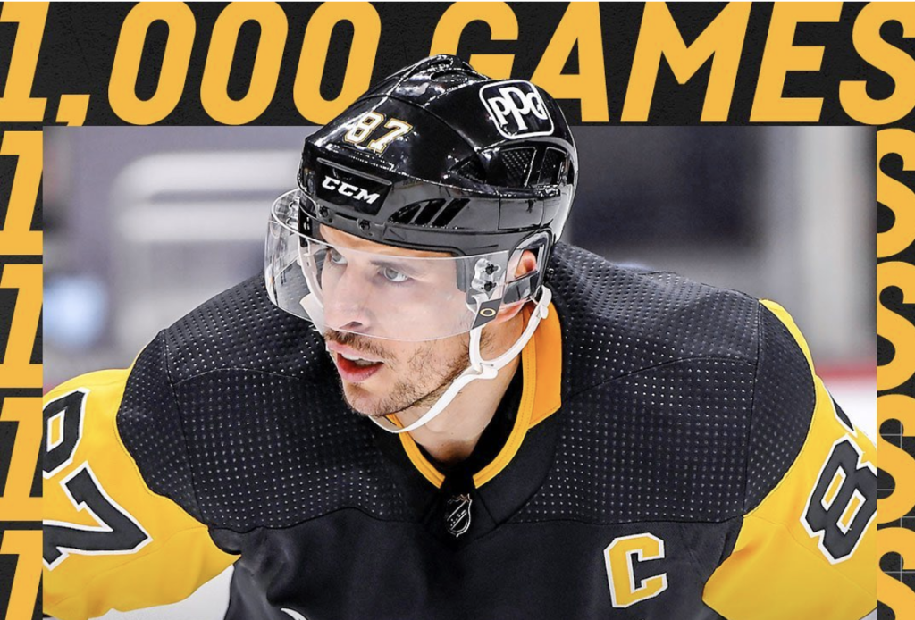 Sidney Crosby Celebrates His 1000th Game – Pittsburgh Penguins star forward, Sidney Crosby, played in his 1,000th game Saturday. He was drafted by the Penguins in 2005, and has played for them his entire career, winning 3 championships with them over his time (2009, 2016, 2017). During his career, the future Hall of Famer won the MVP twice (2007, 2014) and he is currently 3rd on the point leaderboard among active NHL players.