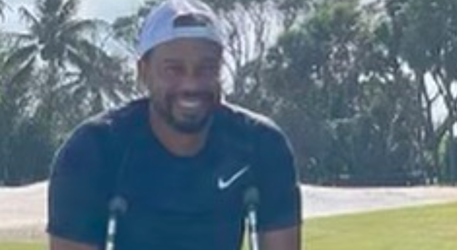 Tiger Woods All Smiles, Posting Photo In Crutches And Walking Boot With 'Faithful Rehab Partner' Dog