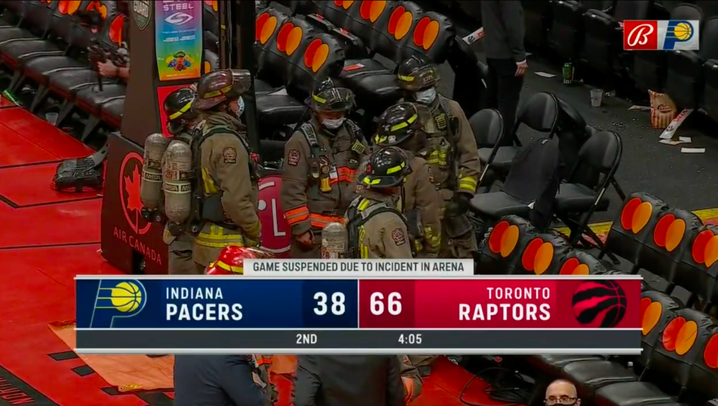 Toronto Raptors Smoke Pacers on the Court 66-38; Arena Evacuated After Fire Stops Game