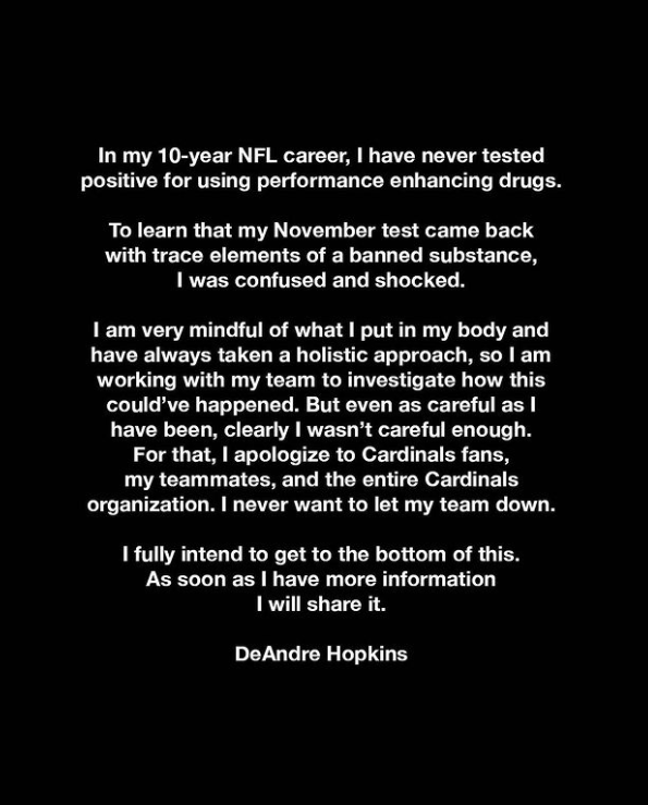 DeAndre Hopkins Suspended 6 Games Following Positive Test – Star wide receiver for the Arizona Cardinals, DeAndre Hopkins, tested positive for a substance that violates the NFL’s rules on performance-enhancing drugs. 
