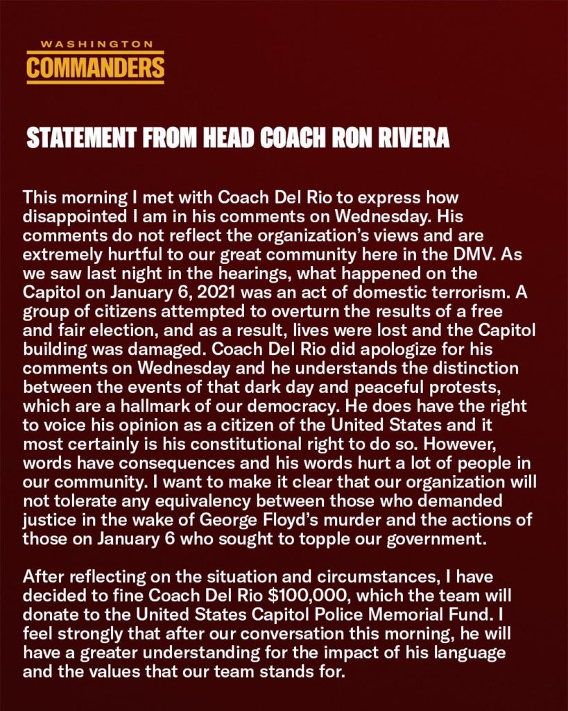 Washington Commanders Head Coach Ron Rivera Announces Jack Del Rio was Fined $100,000 Over Insensitive and 'Hurtful' Commentary