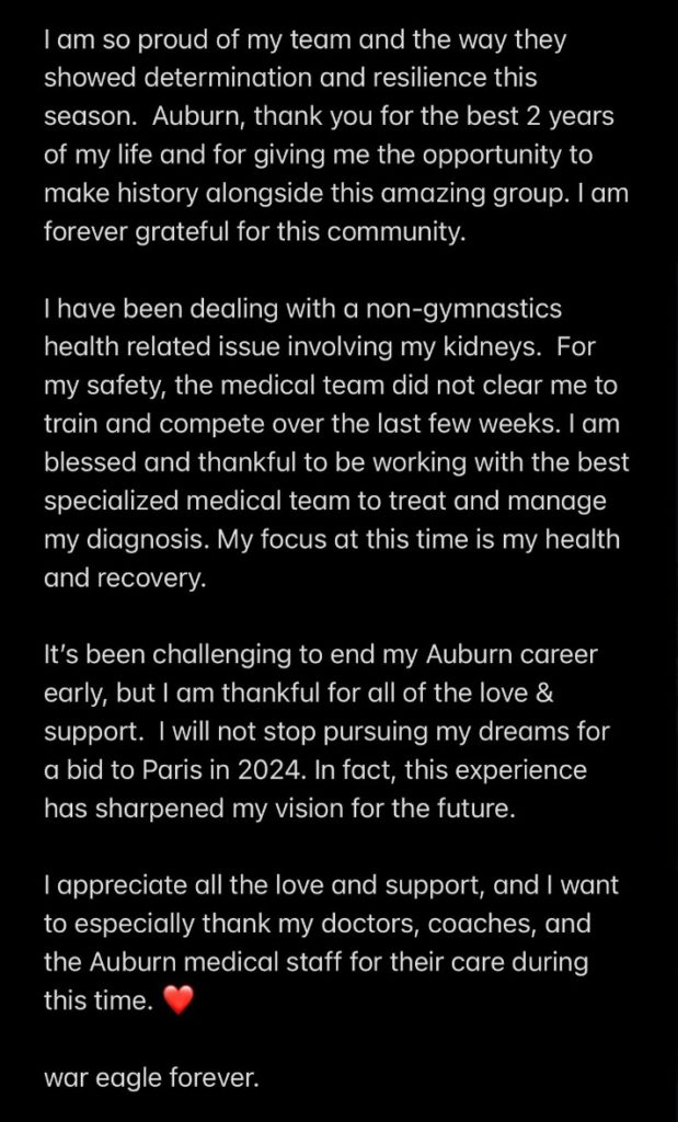 Suni Lee Announces College Career Retirement, But is Excited to Perform in the 2024 Olympics – Olympic gold medalist gymnast Suni Lee recently announced she is ending her college career at Auburn University following a sudden health condition.